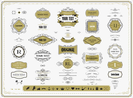 Set of original design elements, frames, borders, labels, monograms. Collection of  vector calligraphy swirls, swashes, ornate motifs, scrolls, page decoration.のイラスト素材