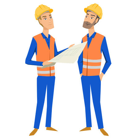 Two full length persons (architect or engineer and foreman or worker) wearing protective uniforms and hardhats, looking at blueprint, holding documents and folder.のイラスト素材