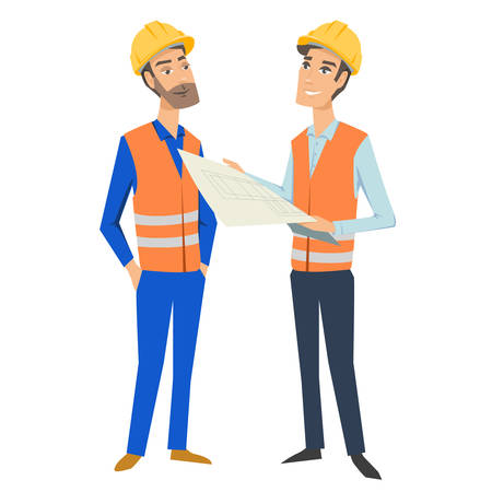 Two full length persons (architect or engineer and foreman or worker) wearing protective uniforms and hardhats, looking at blueprint, holding documents and folder.のイラスト素材