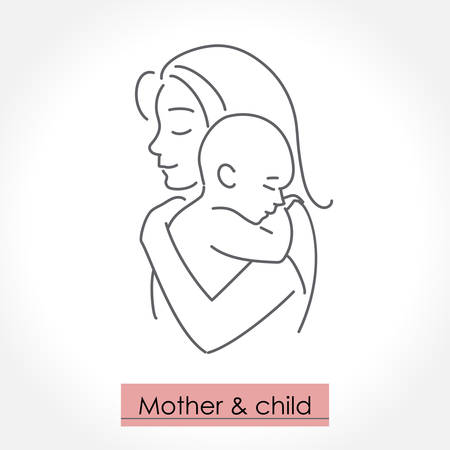 Mother with child. Line art icon, logo, sign. Isolated vector illustration.のイラスト素材