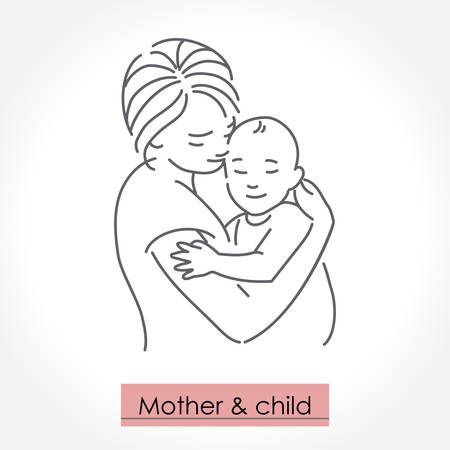 Mother with child. Line art icon, logo, sign. Isolated vector illustration.のイラスト素材
