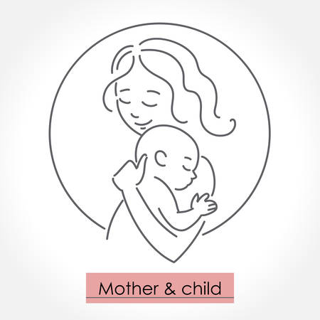Mother with child. Line art icon, logo, sign. Isolated vector illustration.のイラスト素材
