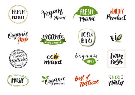 Hand drawn lettering and calligraphy for natural product logos, labels and icons. Collection of organic and bio elements.のイラスト素材