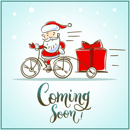 Santa Claus riding a bicycle with gift box is coming soon. Vector illustration isolated.のイラスト素材