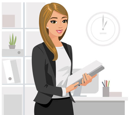 Business  woman holding  files in  office. Vector illustration isolated.のイラスト素材