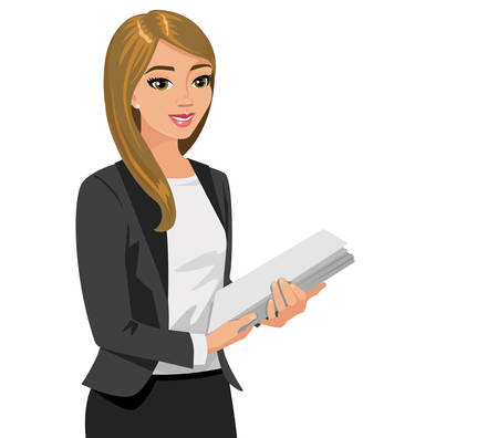 Business  woman holding  files. Vector illustration isolated on white.のイラスト素材