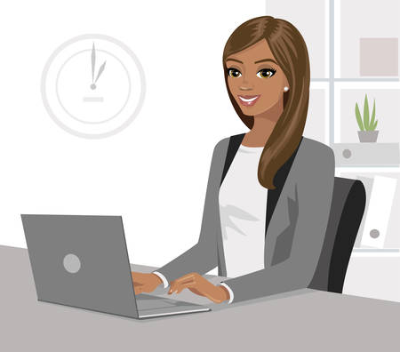 Pretty black businesswoman working on laptop in office. Vector illustration isolated.のイラスト素材
