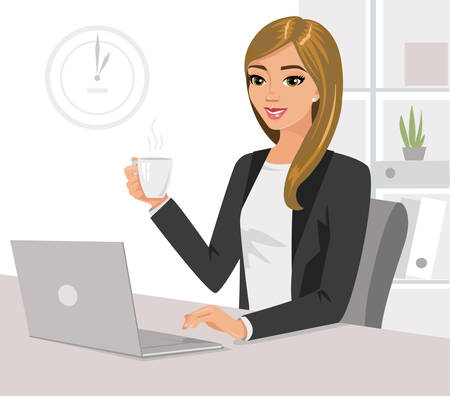 Pretty businesswoman holding cup of tea is working on laptop in office. Vector illustration isolated.のイラスト素材