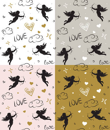 Seamless romantic pattern with cupids. Love symbols, signs, icons. Valentine's day or wedding background.のイラスト素材