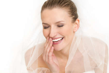 Portrait of beautiful bride  Wedding dress and veilの写真素材