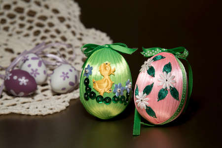 Handmade colorful Easter eggsの写真素材