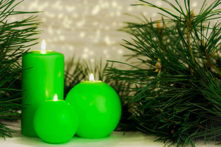 Christmas advent wreath with burning candlesの写真素材