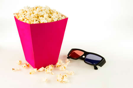 Cinema 3D glasses, popcorn on a white background, isolatedの写真素材