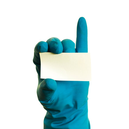 Hand in a blue glove holding a sticky note with space for text, isolated on white, isolated