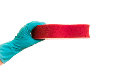 Hand in a blue glove holding a red sponge on a white background, isolatedの写真素材