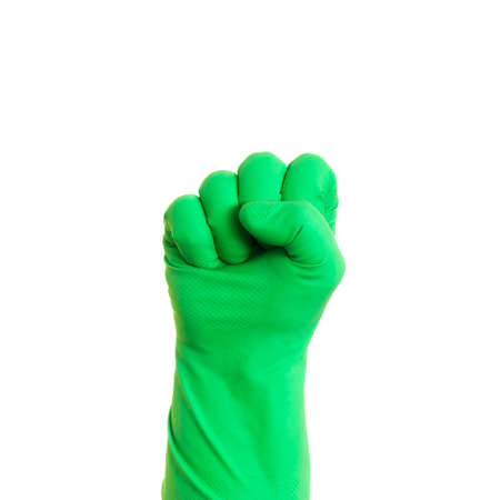 A hand in green glove on a white background, isolatedの写真素材