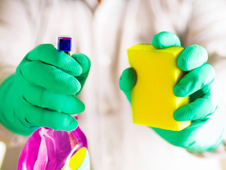 Hands in green gloves holding a spray bottle and a yellow sponge against a blur background