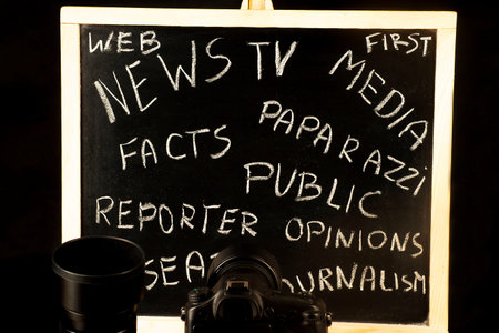 Concept of profession of photographer, camera on the background of a school board with subtitles