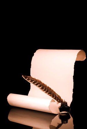 Unrolled papyrus scroll with inkwell and bird feather