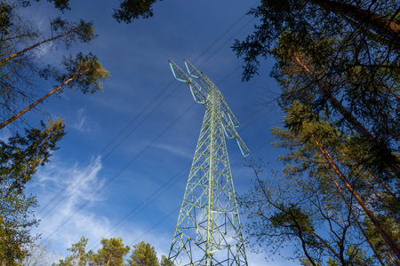 High voltage power pole, against the sky among the trees