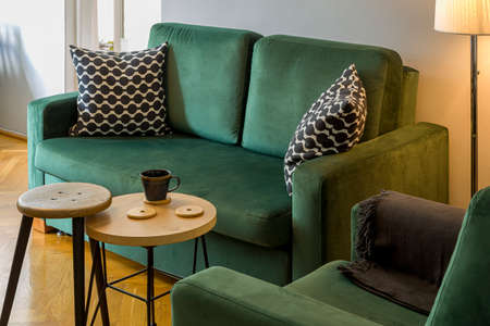 interior - dark green sofa and armchair, next to the lamp, table and stool, wooden floor on the floor.の写真素材