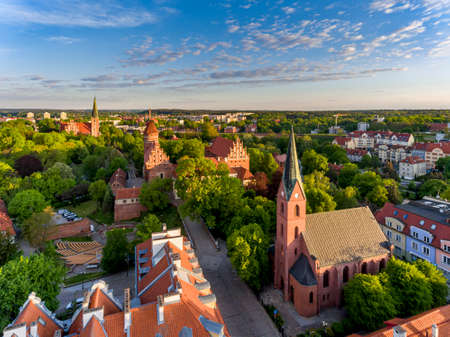 Evangelical Church, Warmia Chapter Castle and Garrison Church in Olsztyn - Aerial view of Olsztyn cityのeditorial素材