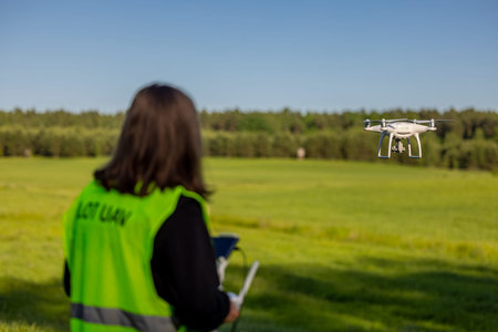 An unmanned aerial vehicle pilot in a reflective vest controls the drone using a flight controller