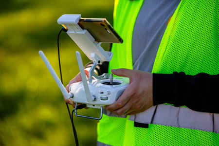 An unmanned aerial vehicle pilot in a reflective vest controls the drone using a flight controller
