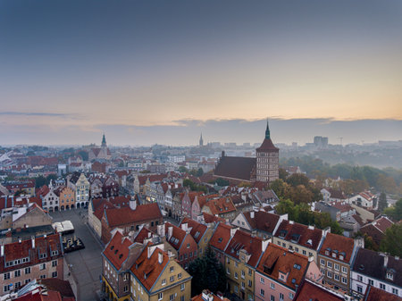 Olsztyn from a bird`s eye view in the morning. City in Poland. Old Town in the fall.の写真素材