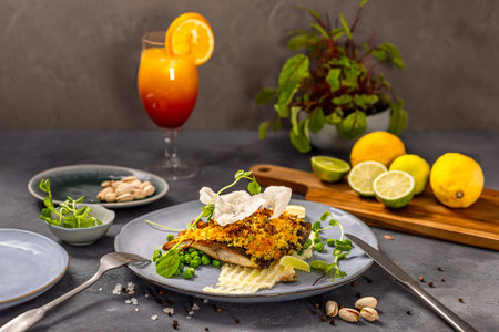 Carp fillet with pistachio crumble on potato and parsley mousse served with green peasの写真素材