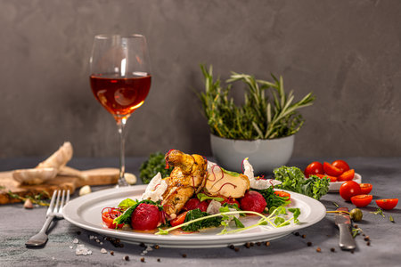 Chicken Supreme served with beetroot gnocchi, kale, cherry tomatoes and walnutの写真素材