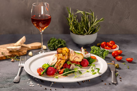 Chicken Supreme served with beetroot gnocchi, kale, cherry tomatoes and walnutの写真素材
