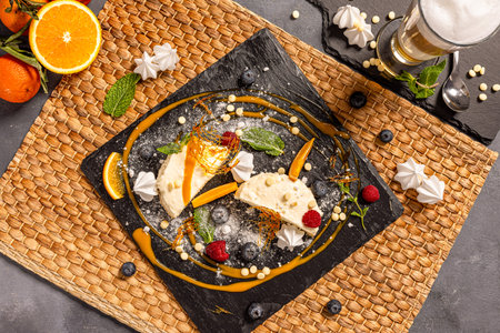 White chocolate cheesecake served with roasted peanuts and mango sauceの写真素材