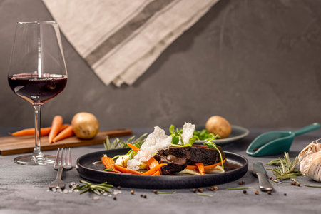 Beef cheeks in wine-honey sauce served with mashed potatoes and caramelized carrots in rosemary and honeyの写真素材