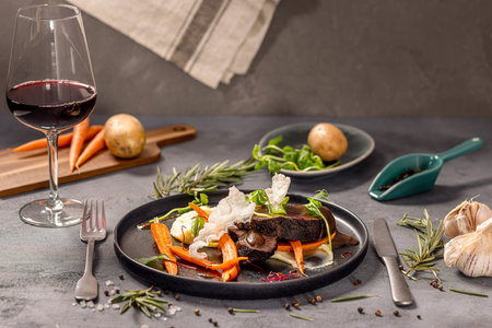 Beef cheeks in wine-honey sauce served with mashed potatoes and caramelized carrots in rosemary and honeyの写真素材