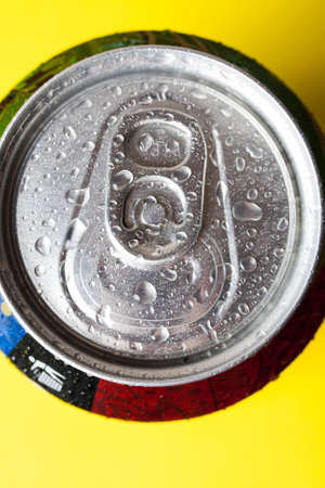 Top part of beer cans with water drops.Close up viewの写真素材