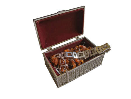 casket and jewellery against a white backgroundの写真素材