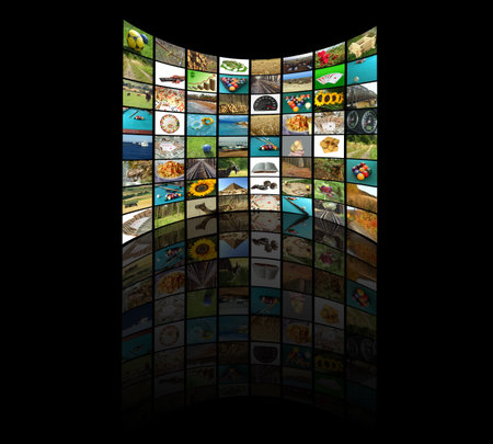 Television concept with many pictures and reflection
