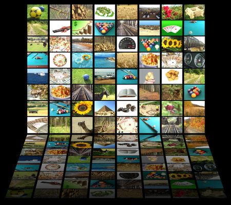 Television concept with many pictures and reflection on black background