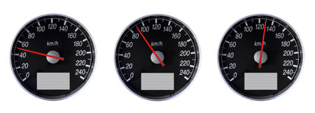 Three speedometers with different speed limits, 50, 90 and 130 kilometers per hour.  Isolated on...
