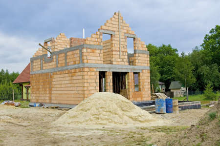 Unfinished, one family house made of brickの写真素材