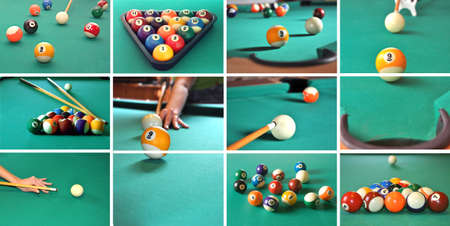 A collage of billiard items, balls, sticks, table, game concept. の写真素材