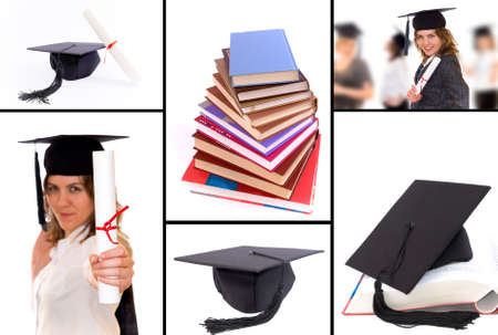 A collage of picture connected with student graduation. Graduation hat, diploma, happy student with diplomaの写真素材