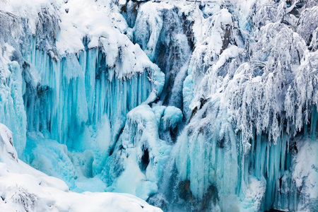 Ice waterfall in Plitvice, Croatia. Beautiful winter landscape