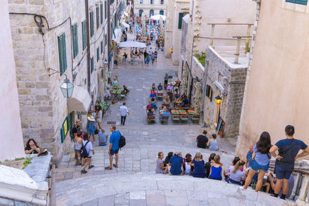 Streets in the historic old town of Dubrovnik in the evening, Croatiaのeditorial素材