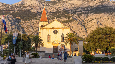Makarska town below Biokovo mountain, the Adriatic Sea, Croatiaのeditorial素材