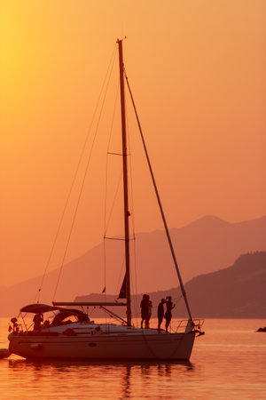 Sailing boat on sunset Adriatic Sea, Peljesac peninusla, Croatiaのeditorial素材
