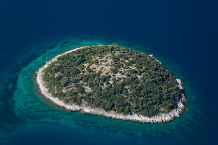 Aerial view of a small island in the Adriatic Sea, Croatiaの写真素材