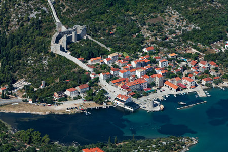 Aerial view of Mali Ston on PeljeÅ¡ac peninsula, Adriatic Sea in Croatiaの写真素材