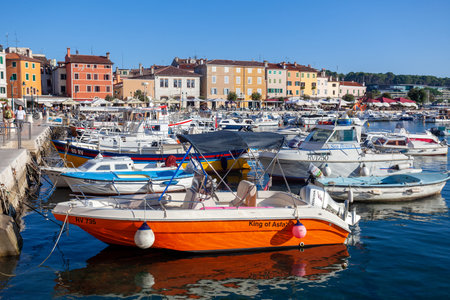The seafront with the boats in Rovinj town, Istra, Croatiaの写真素材